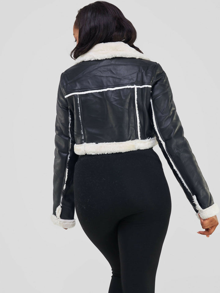 Crop Leather with Fur Jacket - Black / White