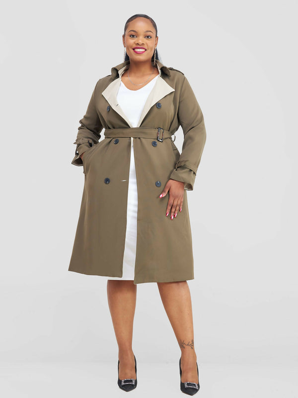 Stylish Sisters Belted Double Breasted Trench Coat - Olive Green - Shopzetu