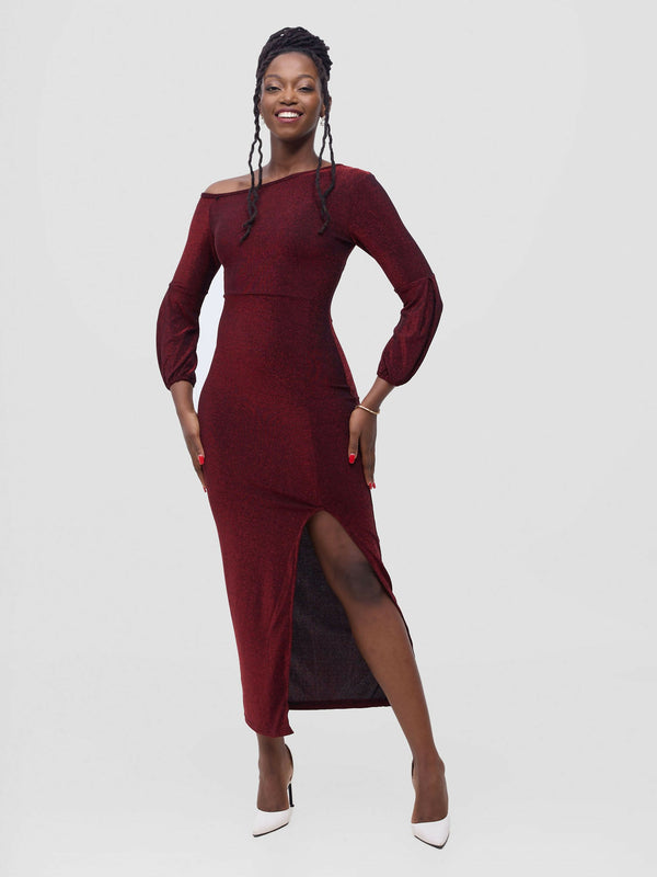 Stylish Sisters Bodycon Shimmering Dress - Maroon - Shopzetu
