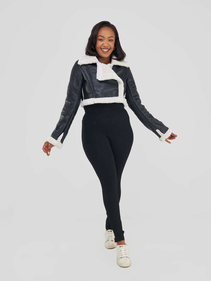 Crop Leather with Fur Jacket - Black / White