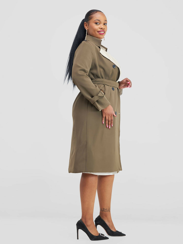 Stylish Sisters Belted Double Breasted Trench Coat - Olive Green - Shopzetu