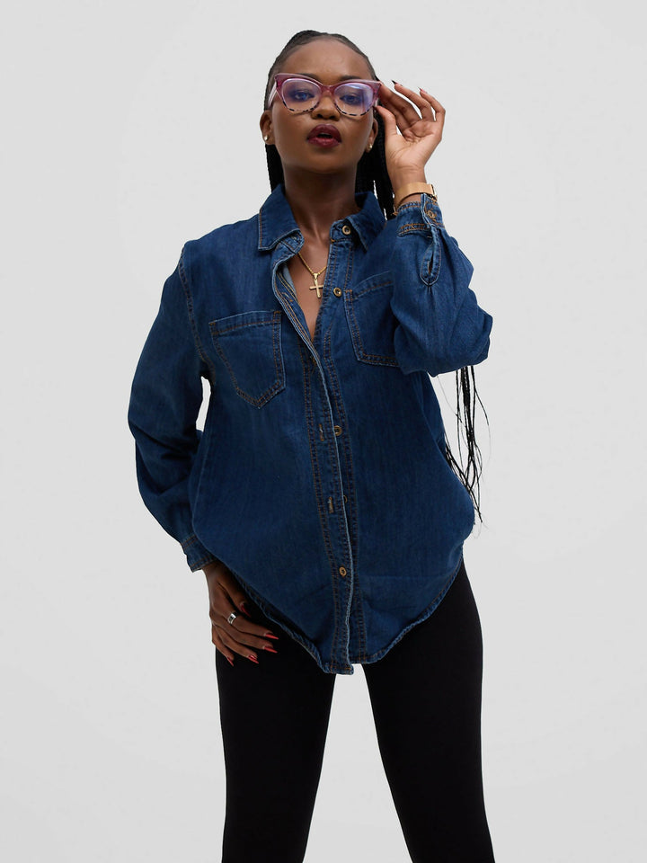 Stylish Sisters Denim Shirt - Navy Blue - Shopzetu