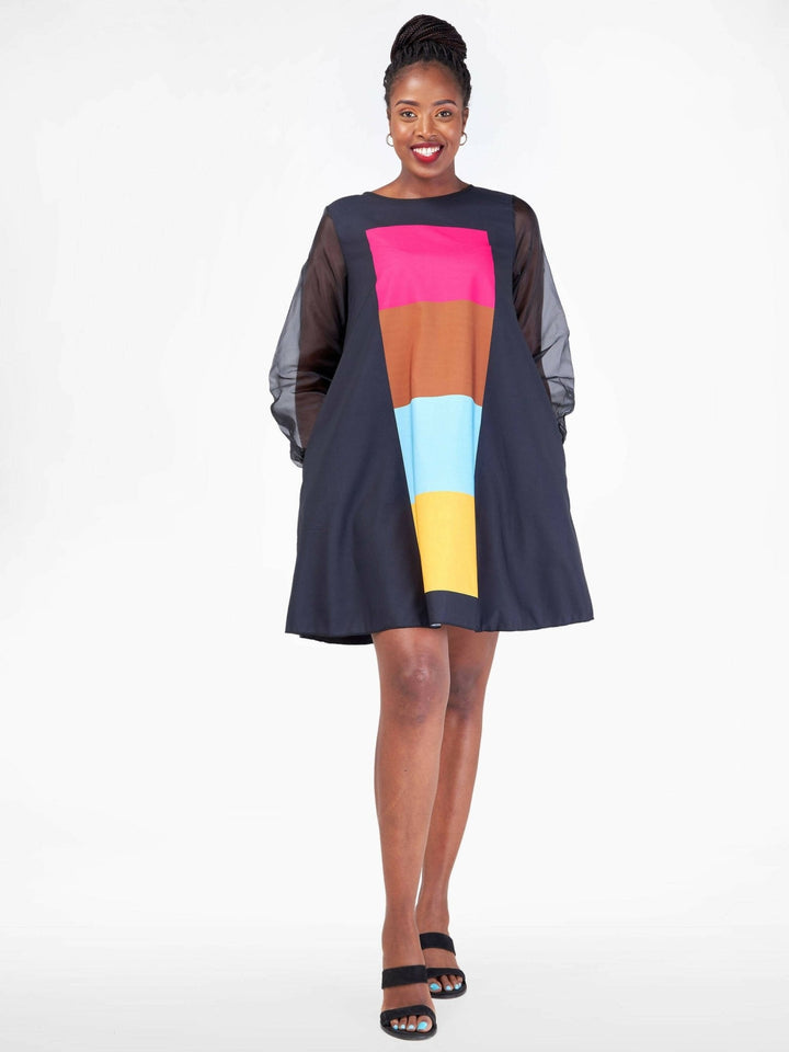 Stylish Sisters Shift Dress With Block Colored Detail - Black - Shopzetu