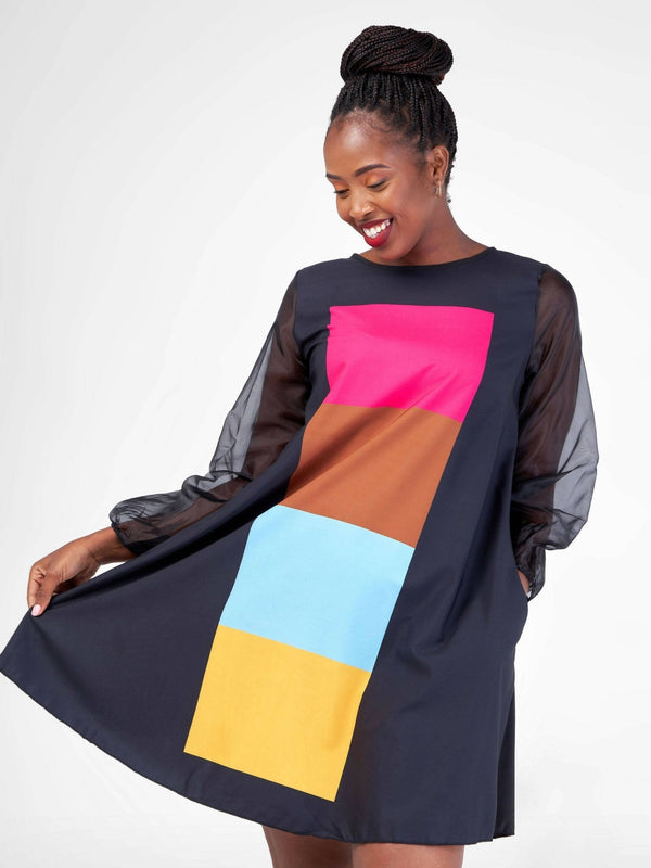 Stylish Sisters Shift Dress With Block Colored Detail - Black - Shopzetu